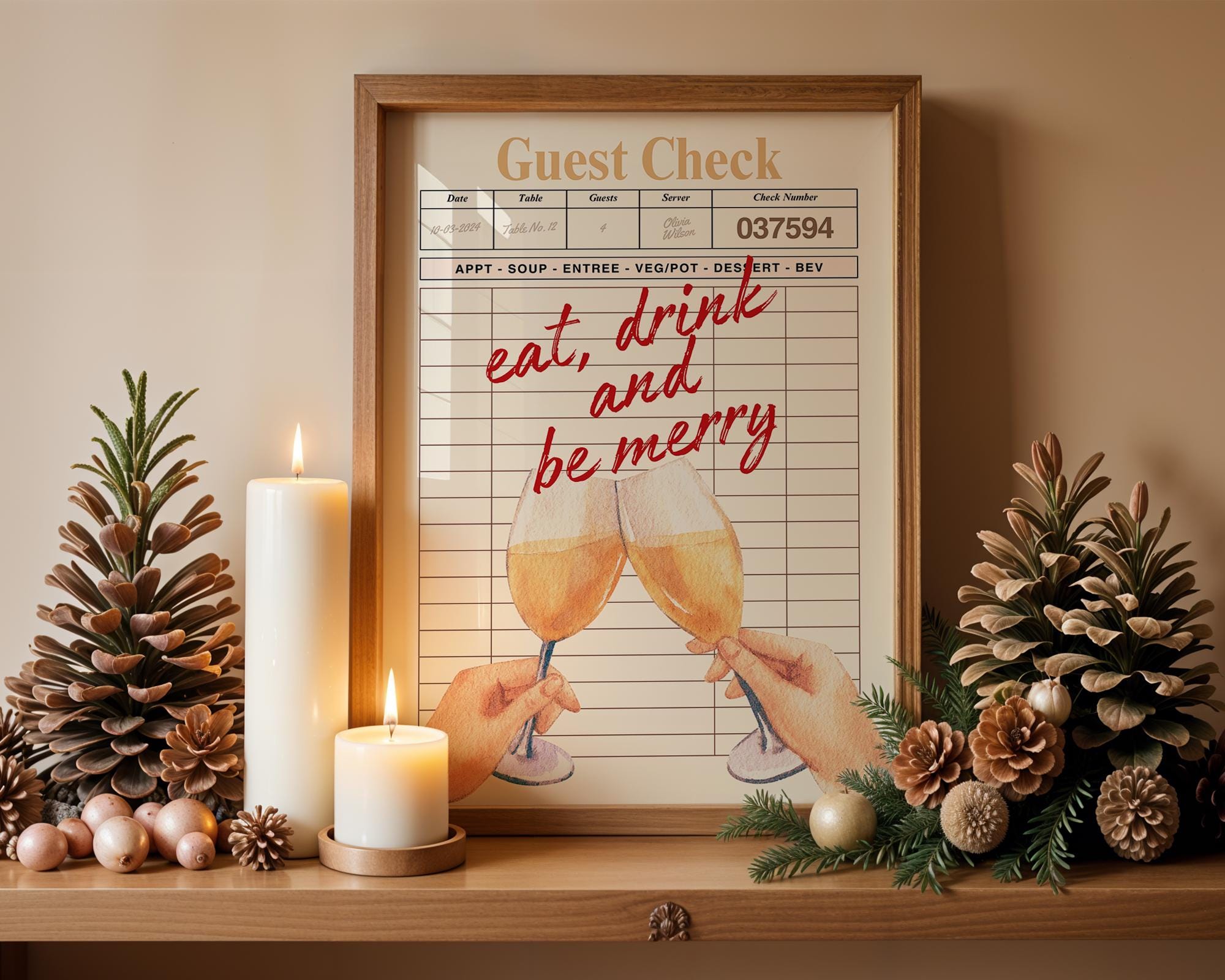 Trendy Christmas Guest Check Print, Eat Drink and Be Merry Holiday Bar Cart Decor, Retro Cheers Guest Check Print Bar Cart Poster, DIGITAL