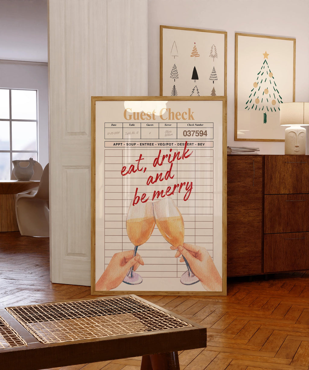 Trendy Christmas Guest Check Print, Eat Drink and Be Merry Holiday Bar Cart Decor, Retro Cheers Guest Check Print Bar Cart Poster, DIGITAL