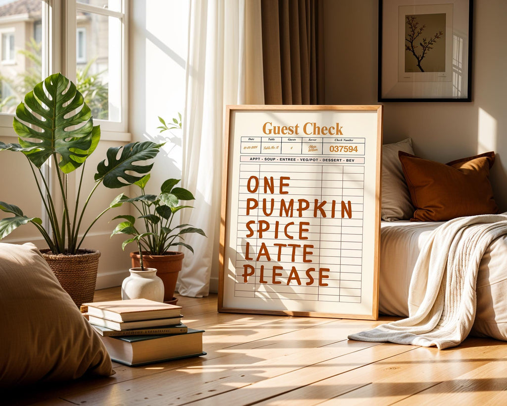 Pumpkin Spice Latte Wall Art, Brown Guest Check Print, Cute Autumn Poster, Halloween Artwork, Cozy Coffee Art for Warm Fall Decor DIGITAL