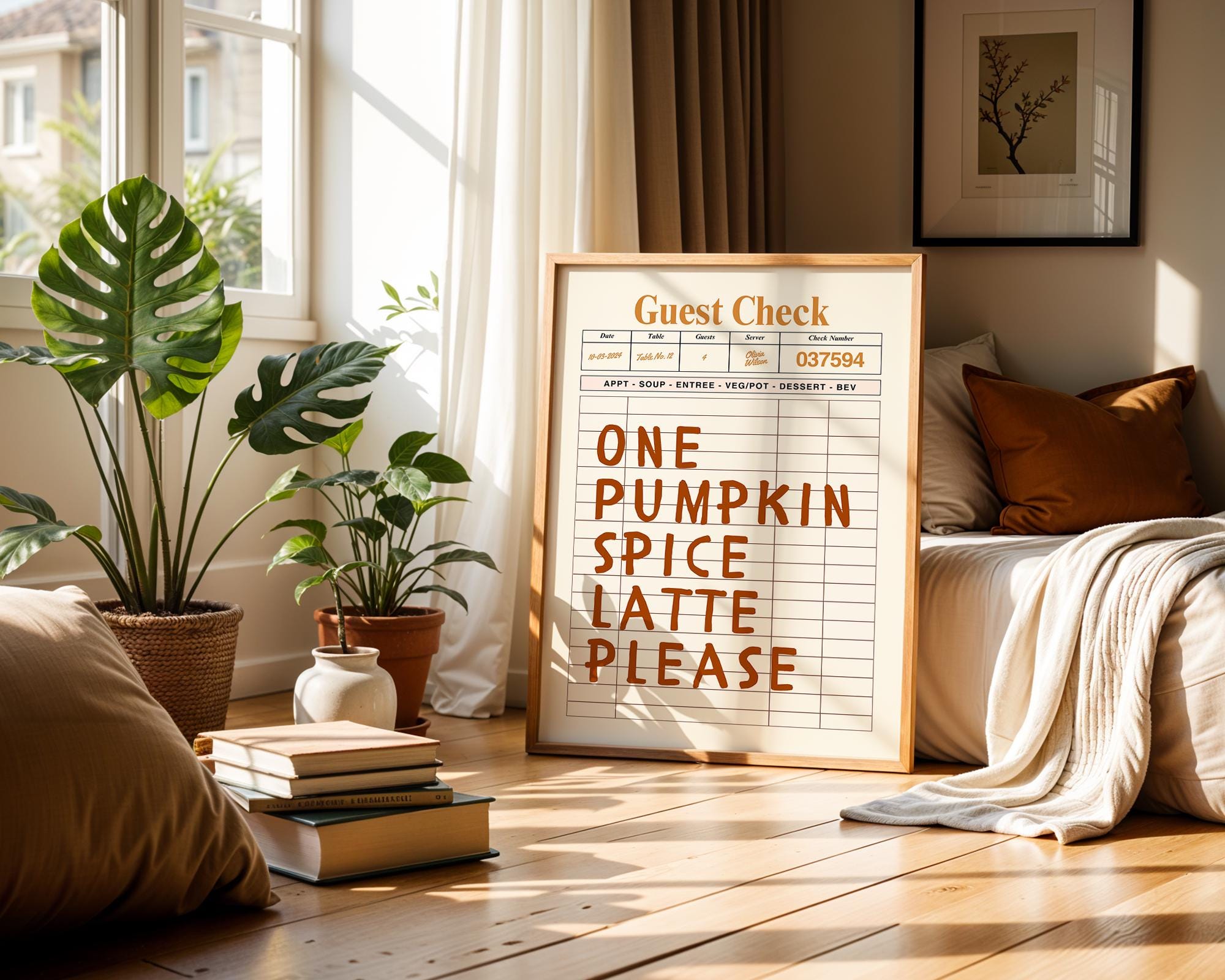 Pumpkin Spice Latte Wall Art, Brown Guest Check Print, Cute Autumn Poster, Halloween Artwork, Cozy Coffee Art for Warm Fall Decor DIGITAL
