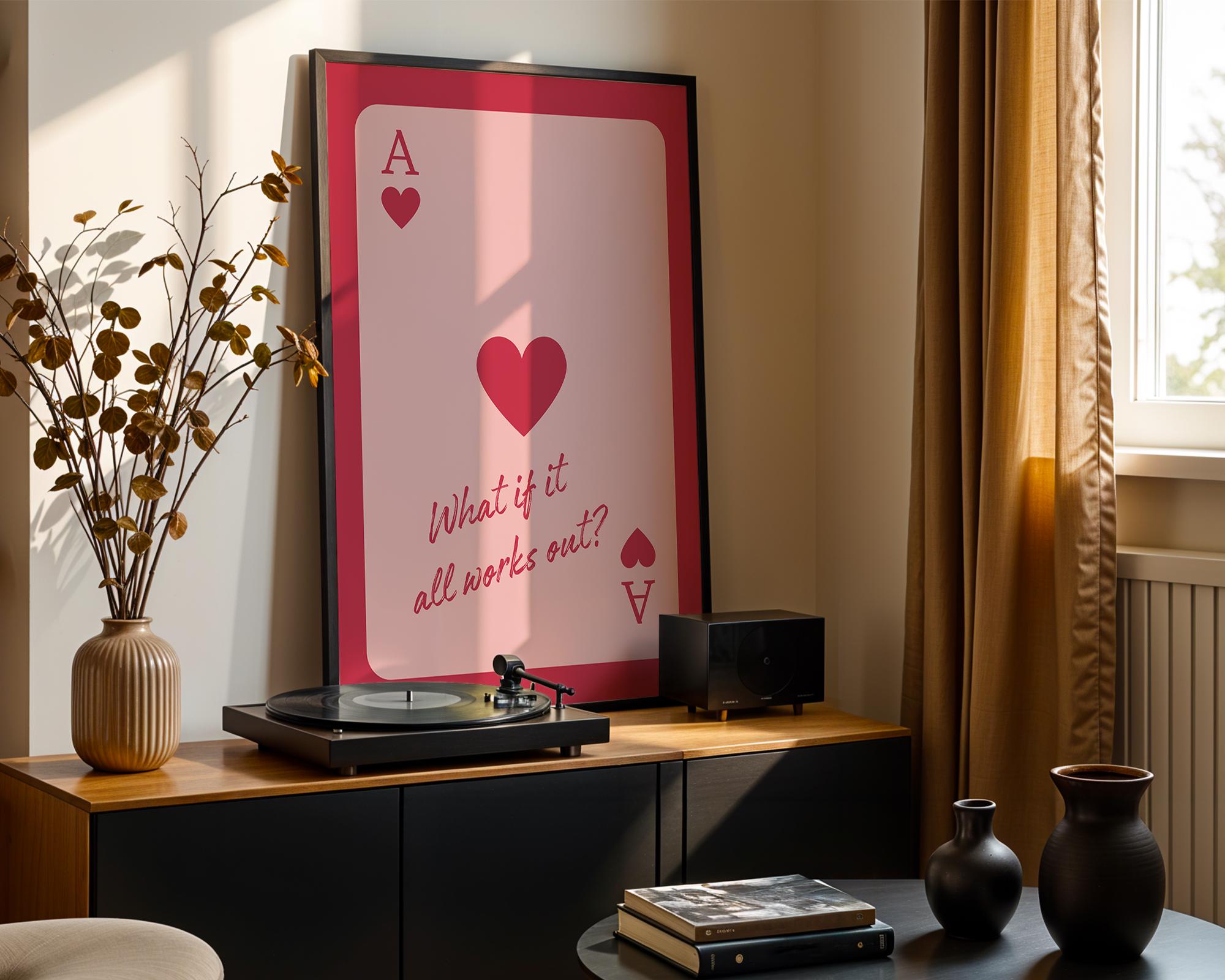 What If It All Works Out Trendy Wall Art Print, Retro Playing Card, Pink & Red Preppy Poster, Printable Ace of Hearts, Pink Dorm Room Decor