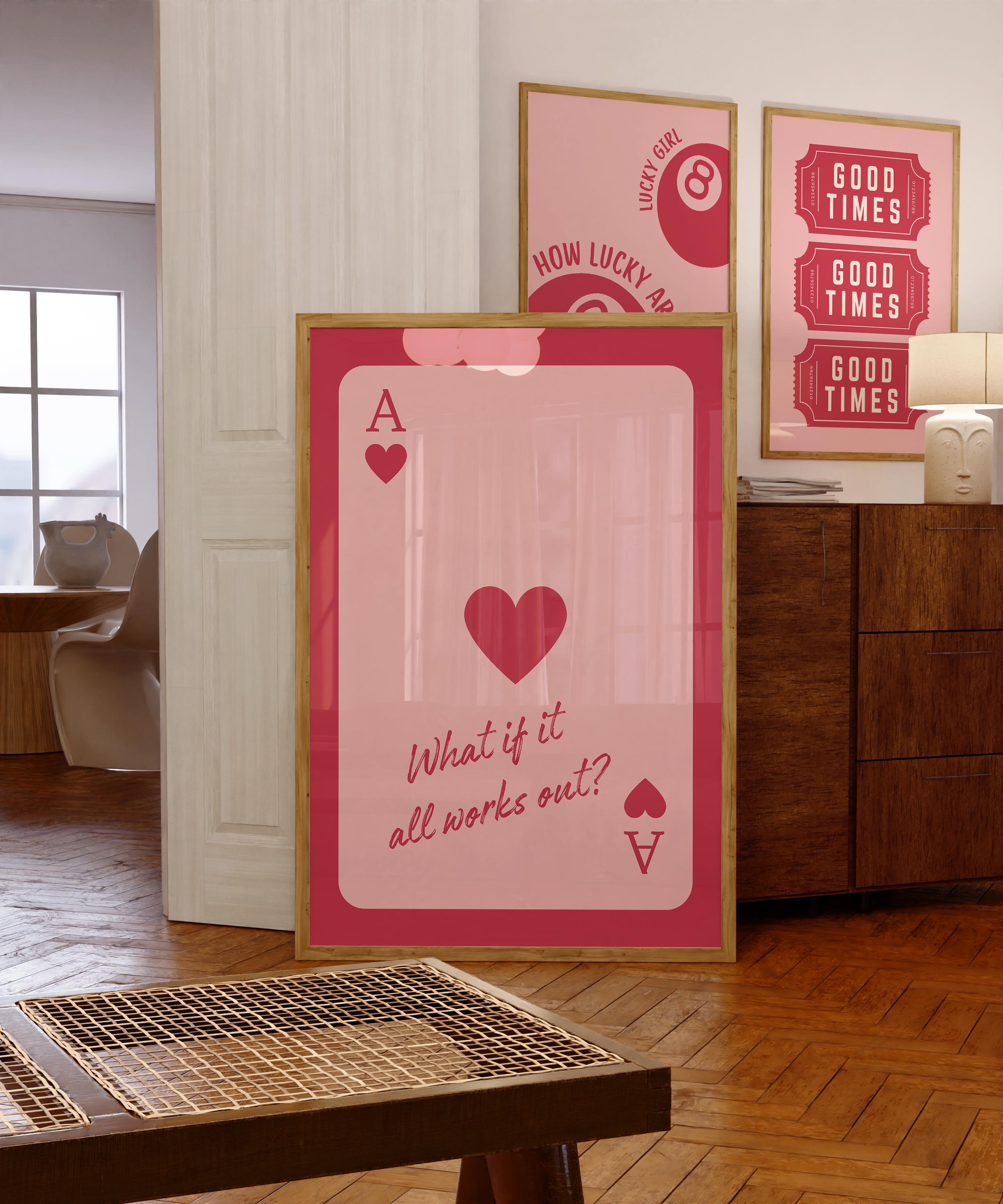 What If It All Works Out Trendy Wall Art Print, Retro Playing Card, Pink & Red Preppy Poster, Printable Ace of Hearts, Pink Dorm Room Decor