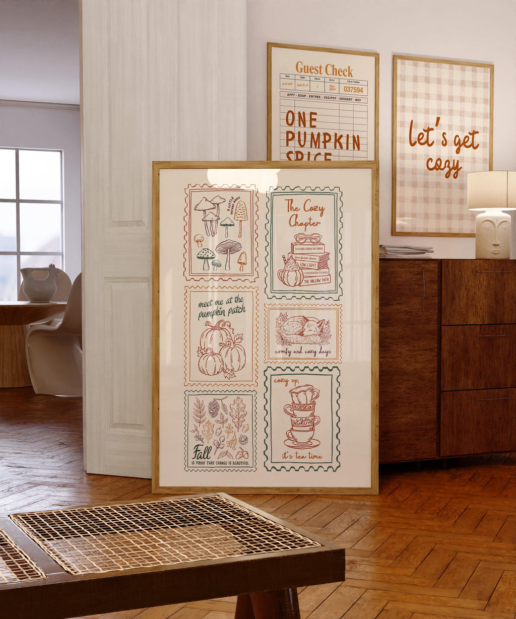 Autumn Stamps Print, Warm Fall Wall Art, Aesthetic Pumpkin Artwork, Retro Autumn Poster for Cozy Fall Decor, Neutral Pumpkin Patch DIGITAL