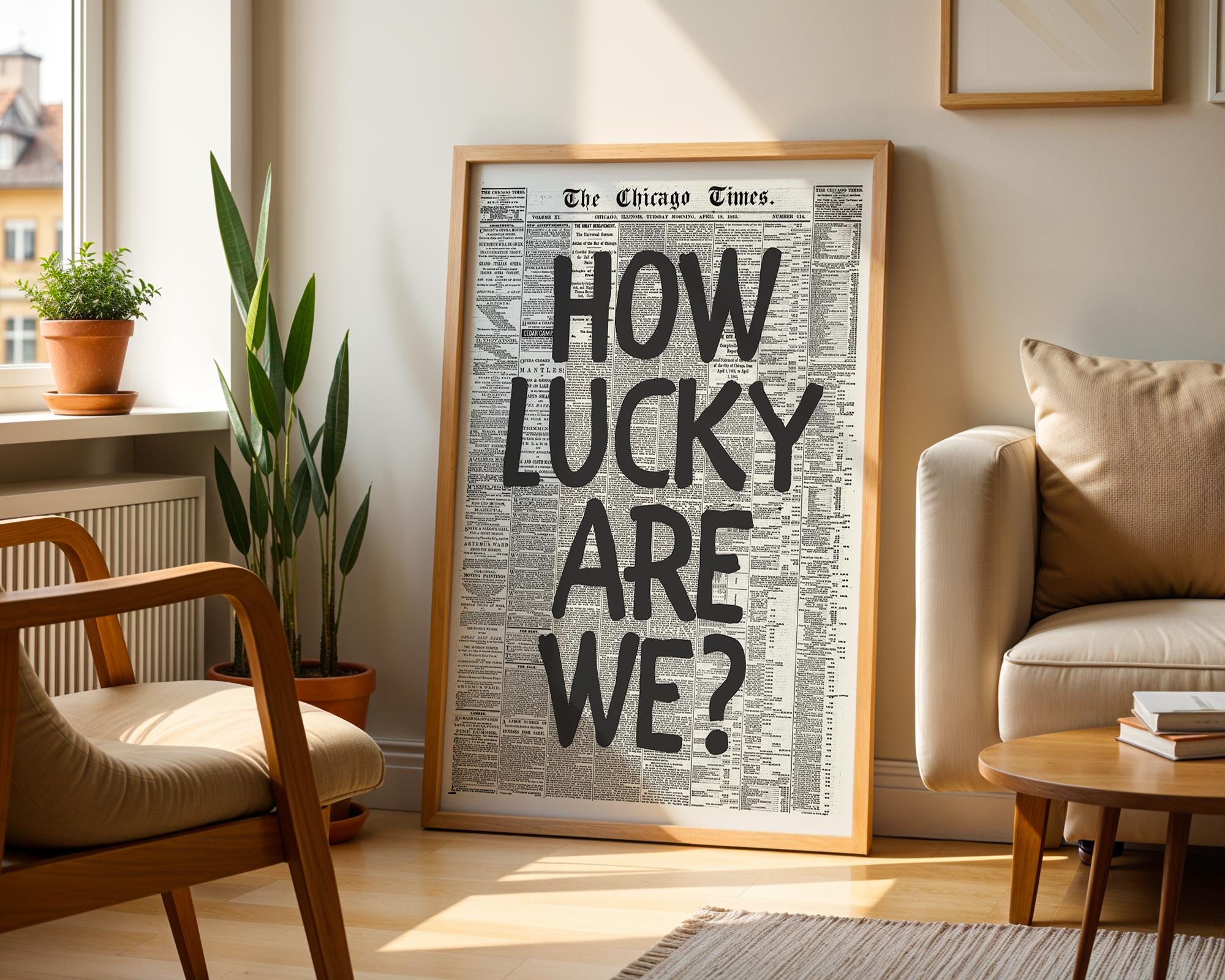How Lucky Are We Retro Print, Black Wall Art Print, Retro Newspaper Poster, Trendy Wall Art, College Apartment Aesthetic, DIGITAL DOWNLOAD