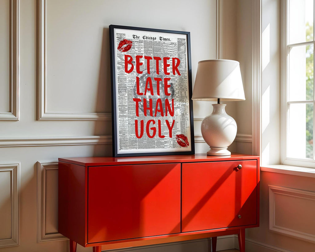 Better Late Than Ugly Newspaper Print, Red Trendy Wall Art, Retro Bedroom Poster, Red Chic Apartment Sassy Aesthetic Room Decor, DIGITAL