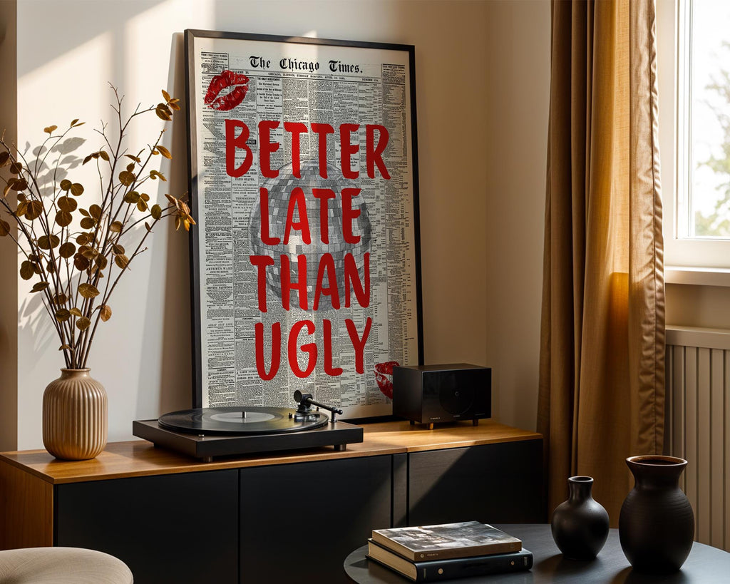 Better Late Than Ugly Newspaper Print, Red Trendy Wall Art, Retro Bedroom Poster, Red Chic Apartment Sassy Aesthetic Room Decor, DIGITAL