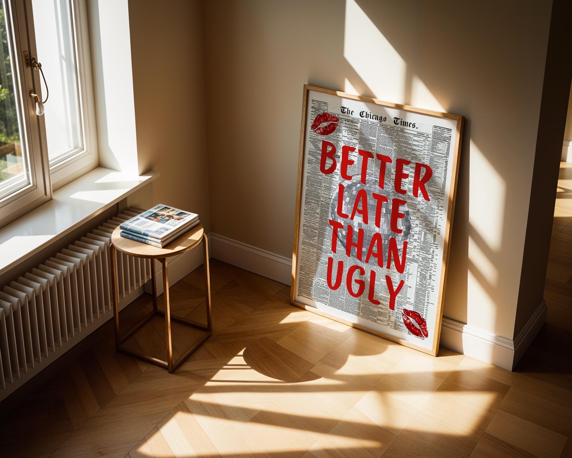 Better Late Than Ugly Newspaper Print, Red Trendy Wall Art, Retro Bedroom Poster, Red Chic Apartment Sassy Aesthetic Room Decor, DIGITAL
