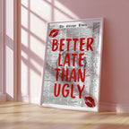 Better Late Than Ugly Newspaper Print, Red Trendy Wall Art, Retro Bedroom Poster, Red Chic Apartment Sassy Aesthetic Room Decor, DIGITAL