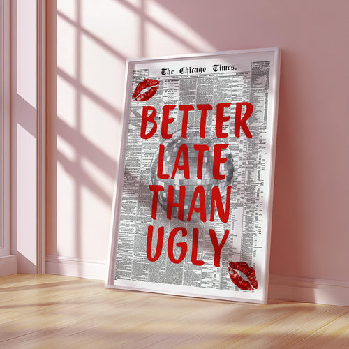 Better Late Than Ugly Newspaper Print, Red Trendy Wall Art, Retro Bedroom Poster, Red Chic Apartment Sassy Aesthetic Room Decor, DIGITAL