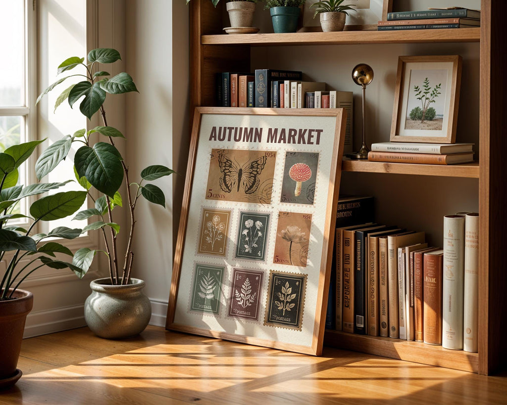 Autumn Market Sign Fall Stamps Print, Fall wall art, Rustic fall Print, Fall Farmhouse, Retro Autumn Artwork Trendy Vintage Stamp Collection