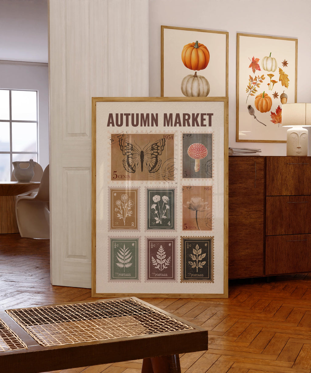 Autumn Market Sign Fall Stamps Print, Fall wall art, Rustic fall Print, Fall Farmhouse, Retro Autumn Artwork Trendy Vintage Stamp Collection