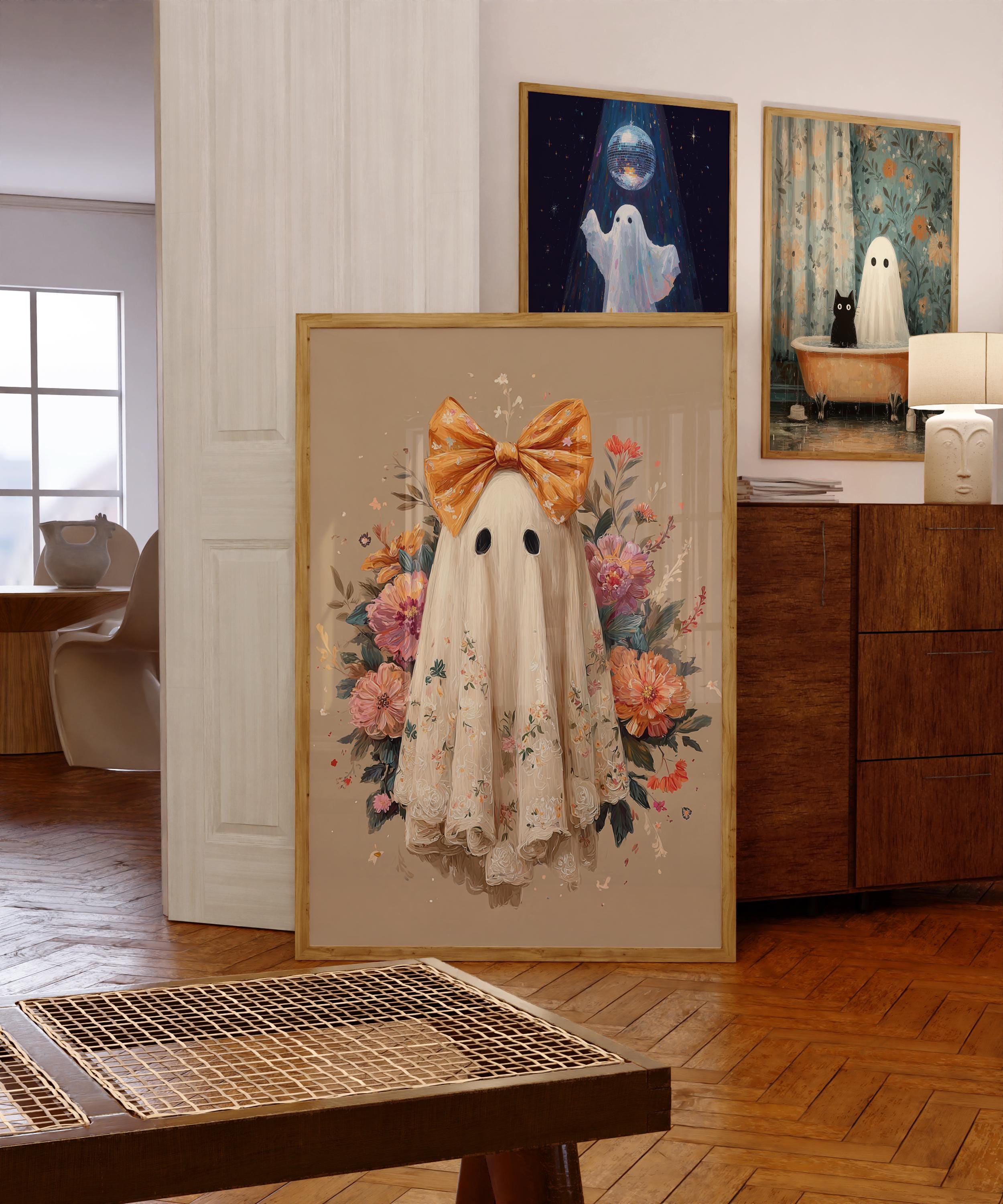 Cute Halloween Ghost Print, Halloween Wall Art, Fall Floral Spooky Room Decor Printable, Halloween Dorm Room Decor, Ghost with bow Print