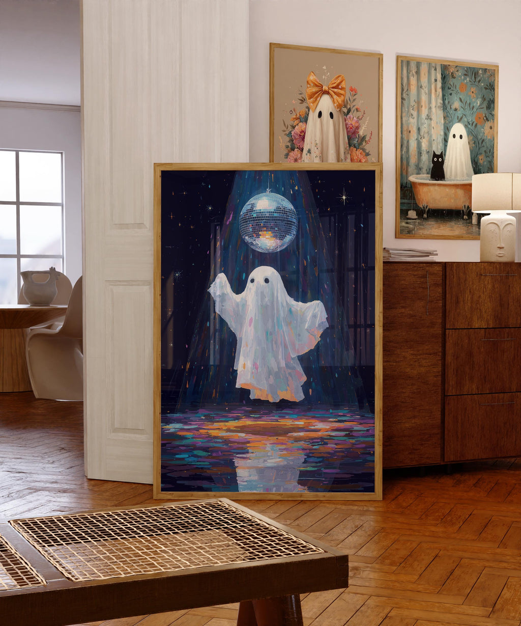 Ghost Dancing at disco Print, Halloween Disco Ball Poster, Ghost Print, Halloween Digital Print, Autumn Wall Art Funny Halloween Party Decor