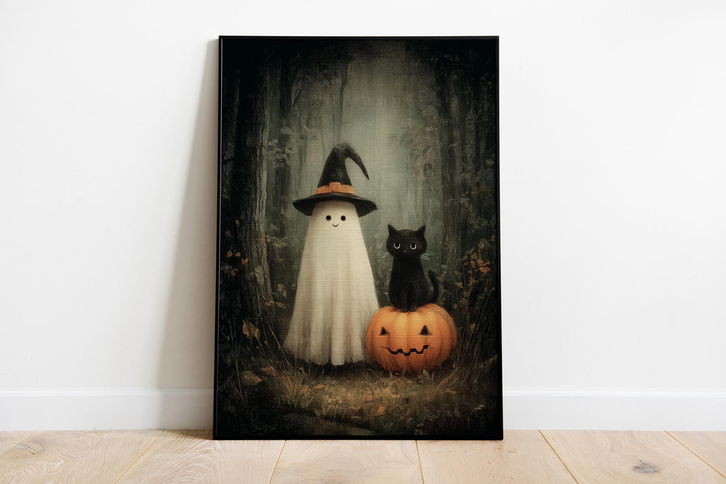 Smiling Ghost and Black Cat in Dark Forest Print, Printable Vintage Halloween Wall Art, Dark Academia Room Decor Halloween DIGITAL DOWNLOAD