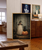 Smiling Ghost and Black Cat in Dark Forest Print, Printable Vintage Halloween Wall Art, Dark Academia Room Decor Halloween DIGITAL DOWNLOAD