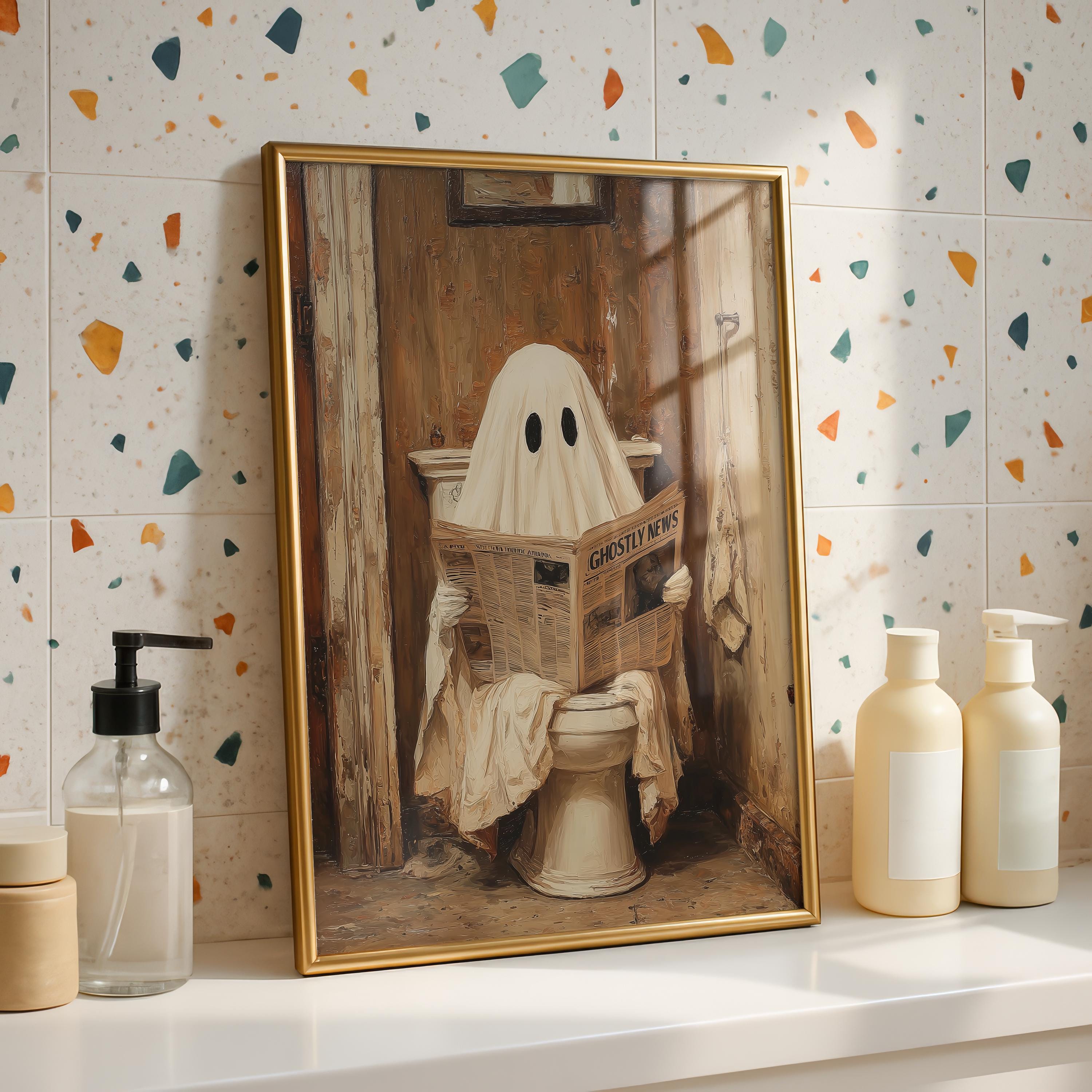 Ghost on Toilet Print, Funny Halloween Bathroom Decor, Halloween DIGITAL Wall Art, Cute Ghost Poster, Ghost Digital Download, Bathroom Print
