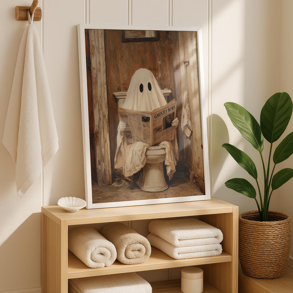 Ghost on Toilet Print, Funny Halloween Bathroom Decor, Halloween DIGITAL Wall Art, Cute Ghost Poster, Ghost Digital Download, Bathroom Print