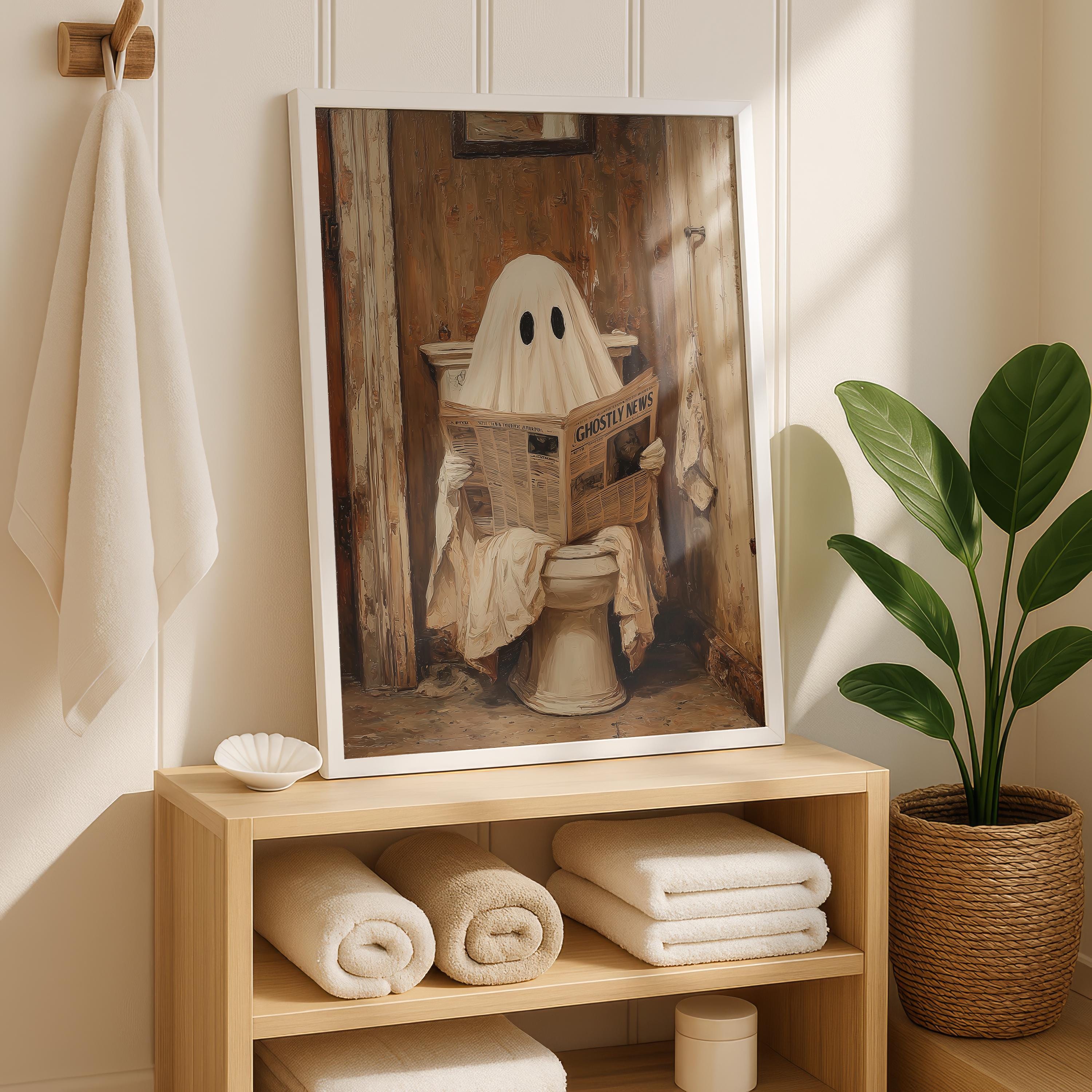 Ghost on Toilet Print, Funny Halloween Bathroom Decor, Halloween DIGITAL Wall Art, Cute Ghost Poster, Ghost Digital Download, Bathroom Print