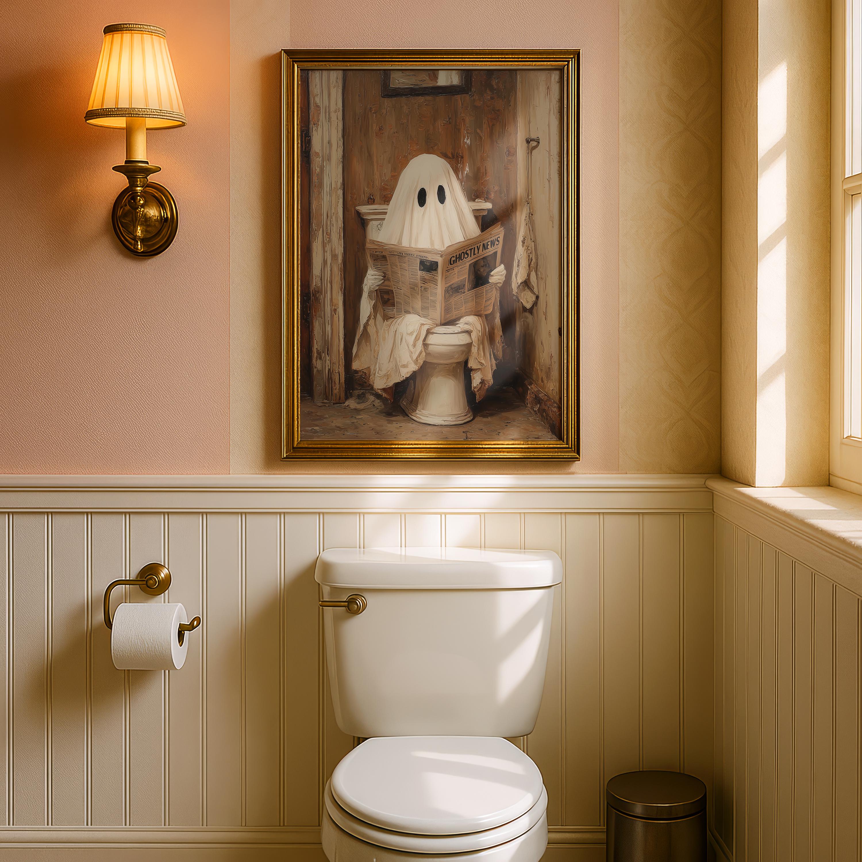 Ghost on Toilet Print, Funny Halloween Bathroom Decor, Halloween DIGITAL Wall Art, Cute Ghost Poster, Ghost Digital Download, Bathroom Print