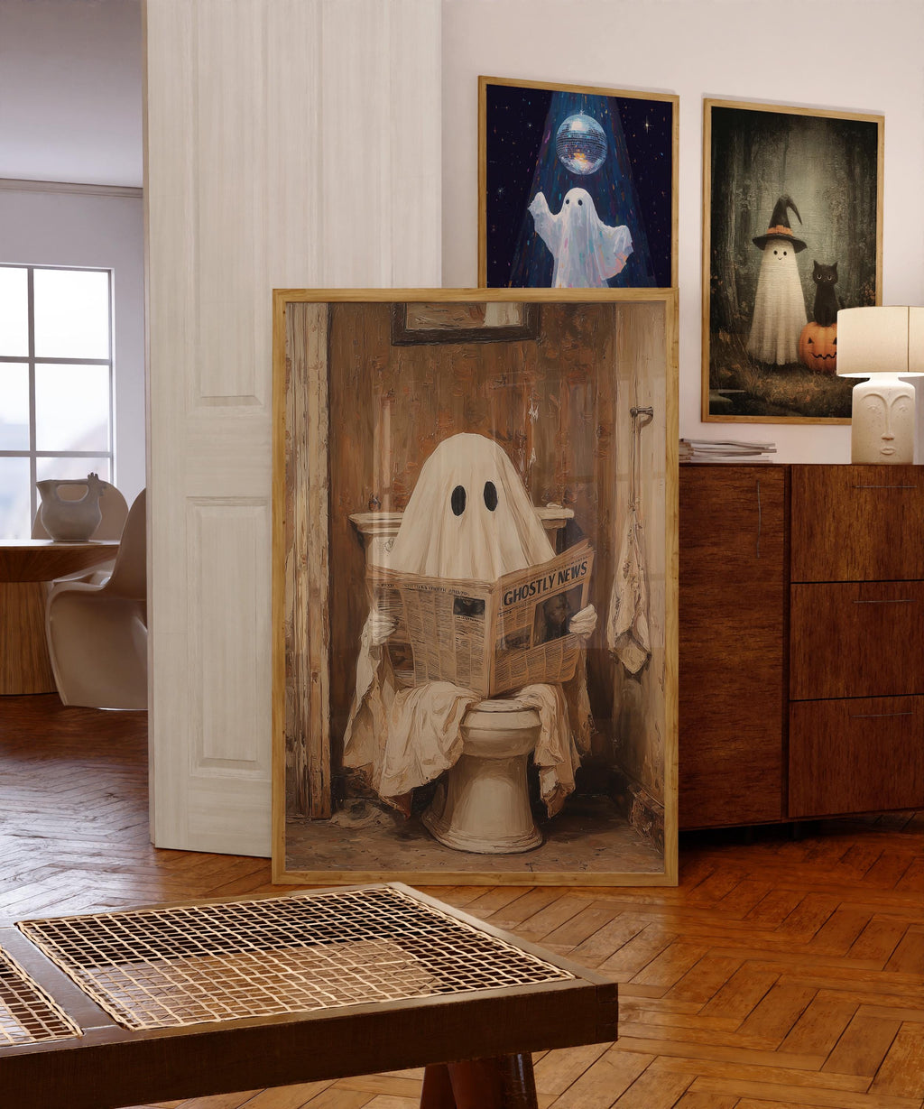 Ghost on Toilet Print, Funny Halloween Bathroom Decor, Halloween DIGITAL Wall Art, Cute Ghost Poster, Ghost Digital Download, Bathroom Print