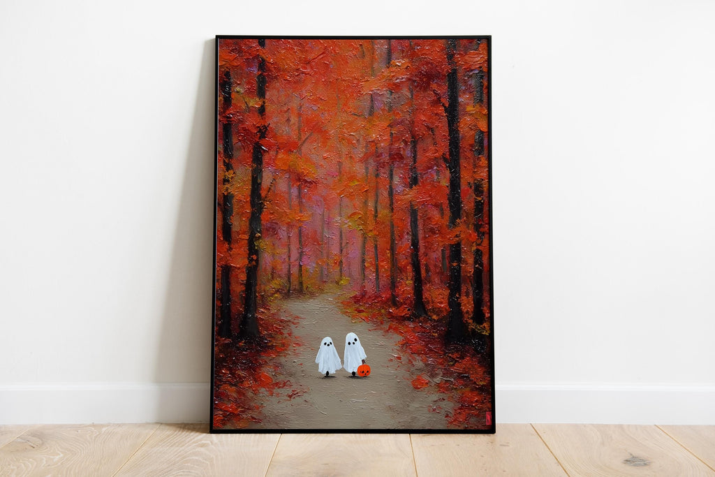 Two Little Ghosts in Autumn Forest Vintage Painting, Country Fall Decor, Spooky Cute Ghost Fall Print, Halloween Printable Wall Art, DIGITAL