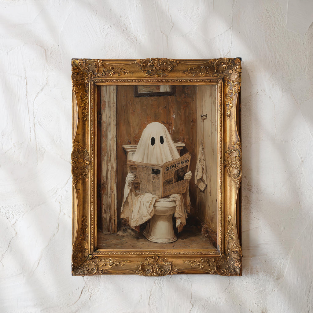 Ghost on Toilet Print, Funny Halloween Bathroom Decor, Halloween DIGITAL Wall Art, Cute Ghost Poster, Ghost Digital Download, Bathroom Print