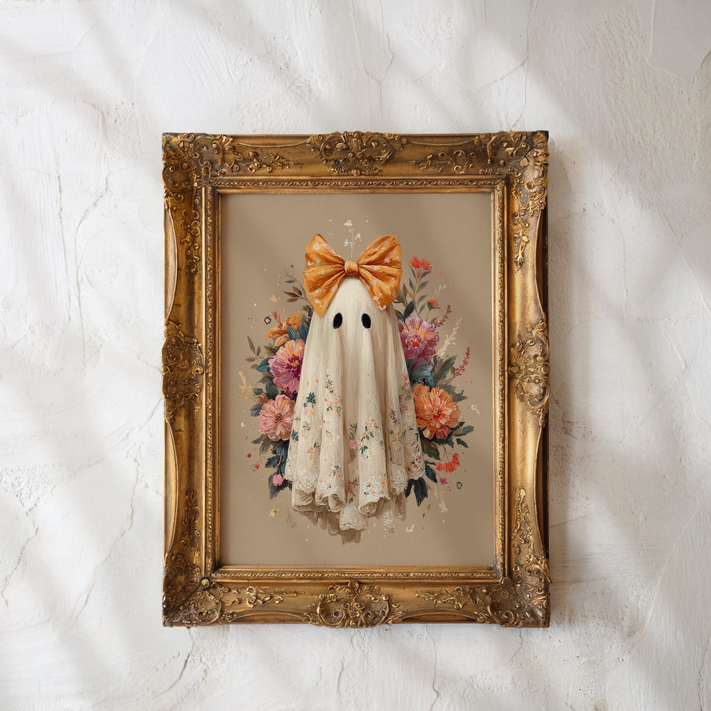 Cute Halloween Ghost Print, Halloween Wall Art, Fall Floral Spooky Room Decor Printable, Halloween Dorm Room Decor, Ghost with bow Print