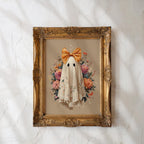 Cute Halloween Ghost Print, Halloween Wall Art, Fall Floral Spooky Room Decor Printable, Halloween Dorm Room Decor, Ghost with bow Print