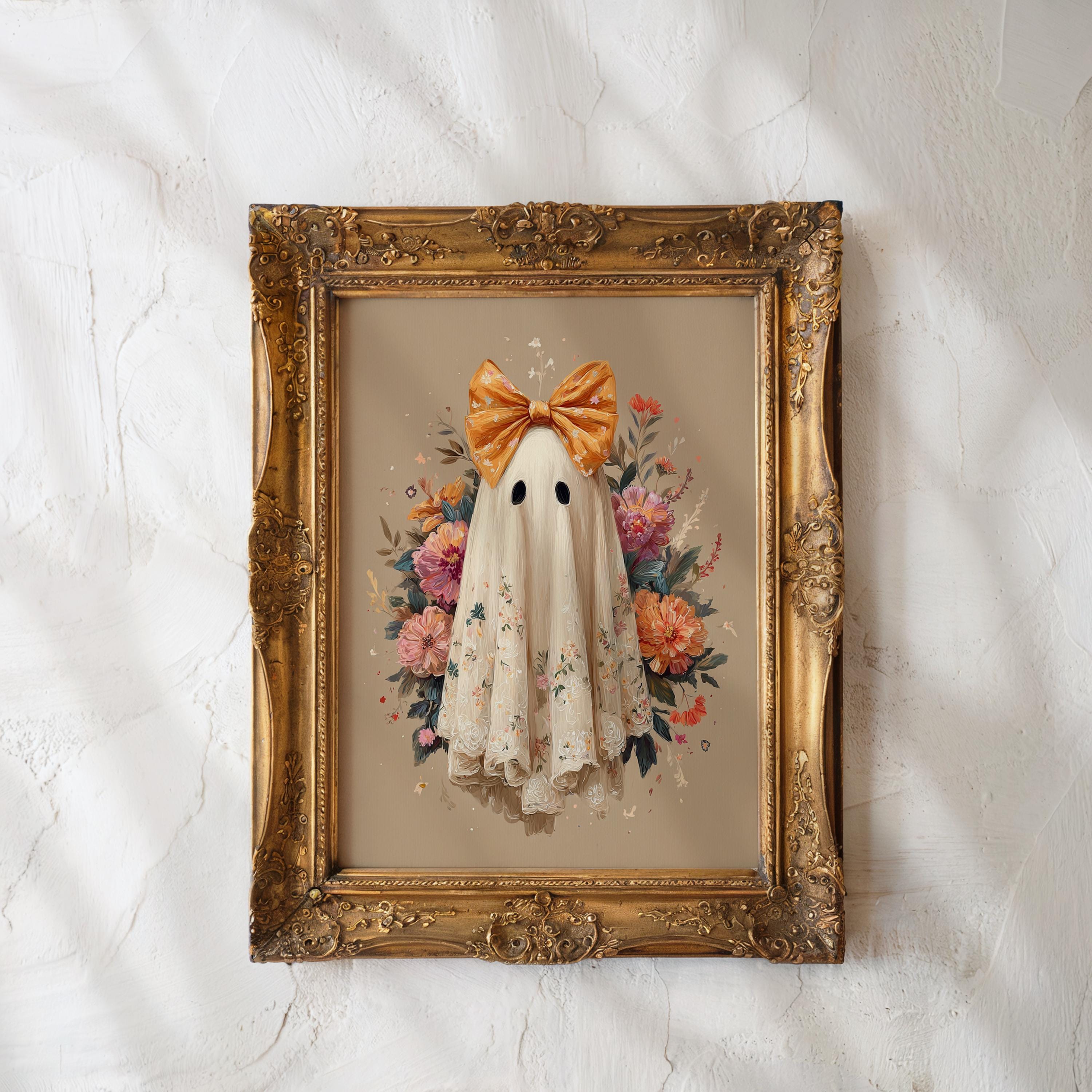 Cute Halloween Ghost Print, Halloween Wall Art, Fall Floral Spooky Room Decor Printable, Halloween Dorm Room Decor, Ghost with bow Print