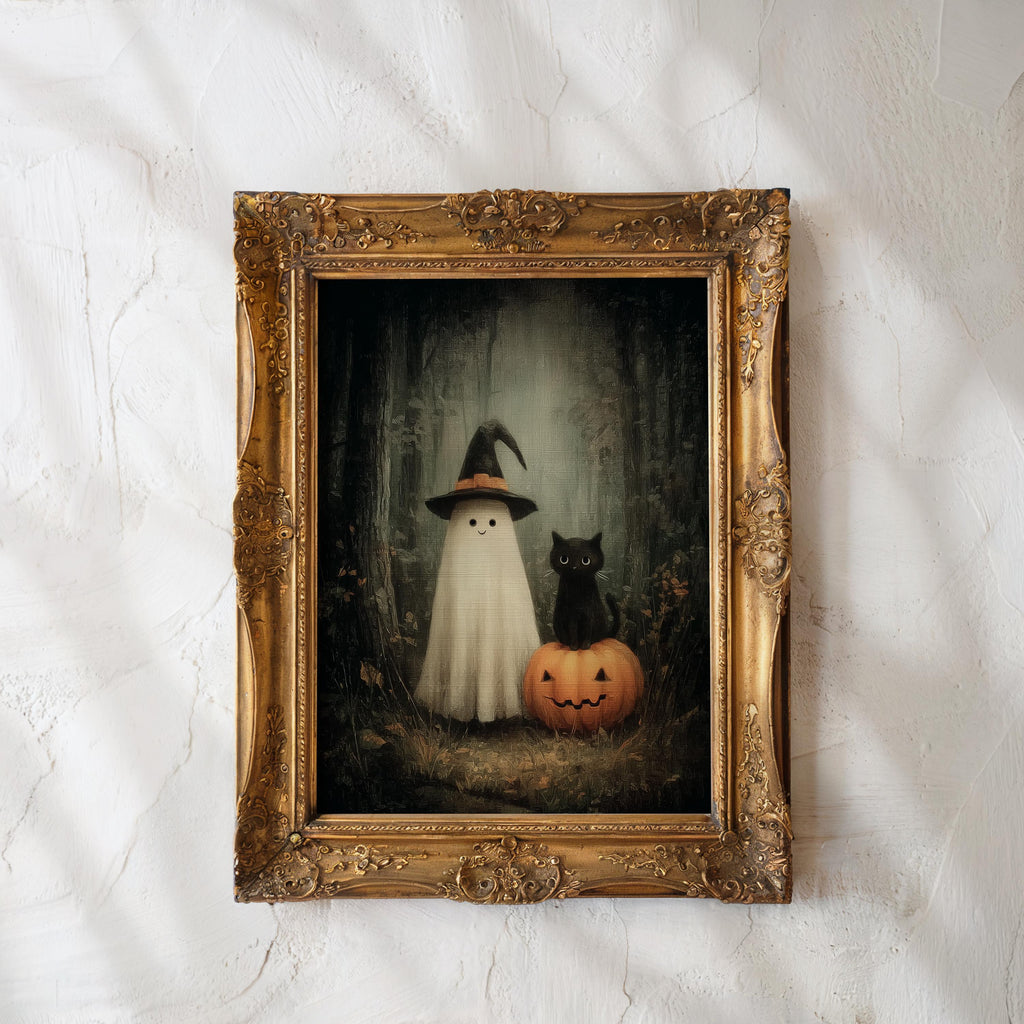 Smiling Ghost and Black Cat in Dark Forest Print, Printable Vintage Halloween Wall Art, Dark Academia Room Decor Halloween DIGITAL DOWNLOAD