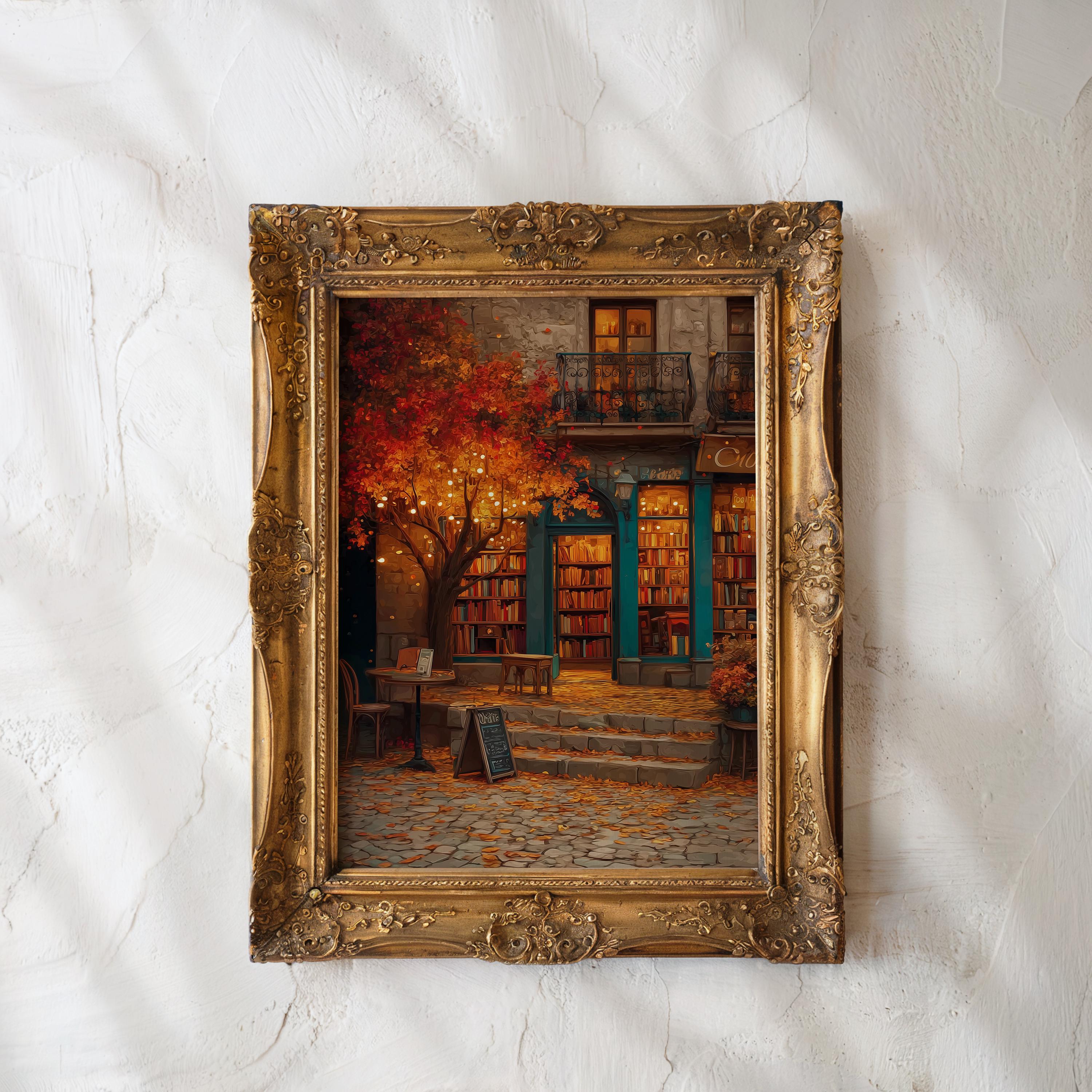 Autumn Bookstore Print Cozy Fall Bookshop Print Autumn Reading Art Print Halloween Bookshop Pinkoween Booklover Gift DIGITAL DOWNLOAD