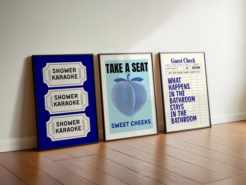 Funny Blue Bathroom Set of 3 Prints Ticket Bathroom Wall Art Trendy Bathroom Prints Sweet Cheeks Poster Bathroom Wall Art Nice Bum DIGITAL