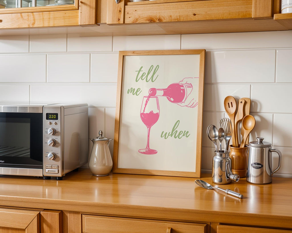 Tell Me When Retro Print, Kitchen Decor, Wine Lover Gift, Retro Bar Cart Print, Dining Room Wall Decor, Pink & Green Trendy Wall Art DIGITAL