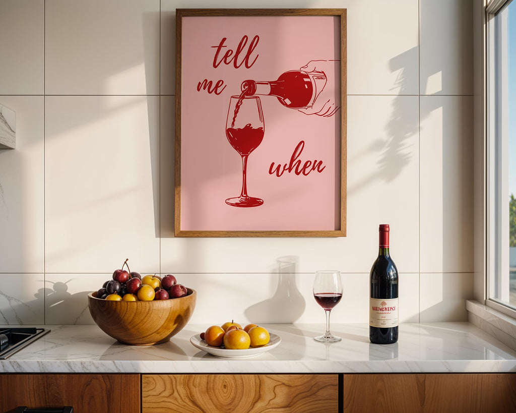 Tell Me When Retro Print, Kitchen Decor, Wine Lover Gift, Retro Bar Cart Print, Dining Room Wall Decor, Pink & Red Trendy Wall Art DIGITAL