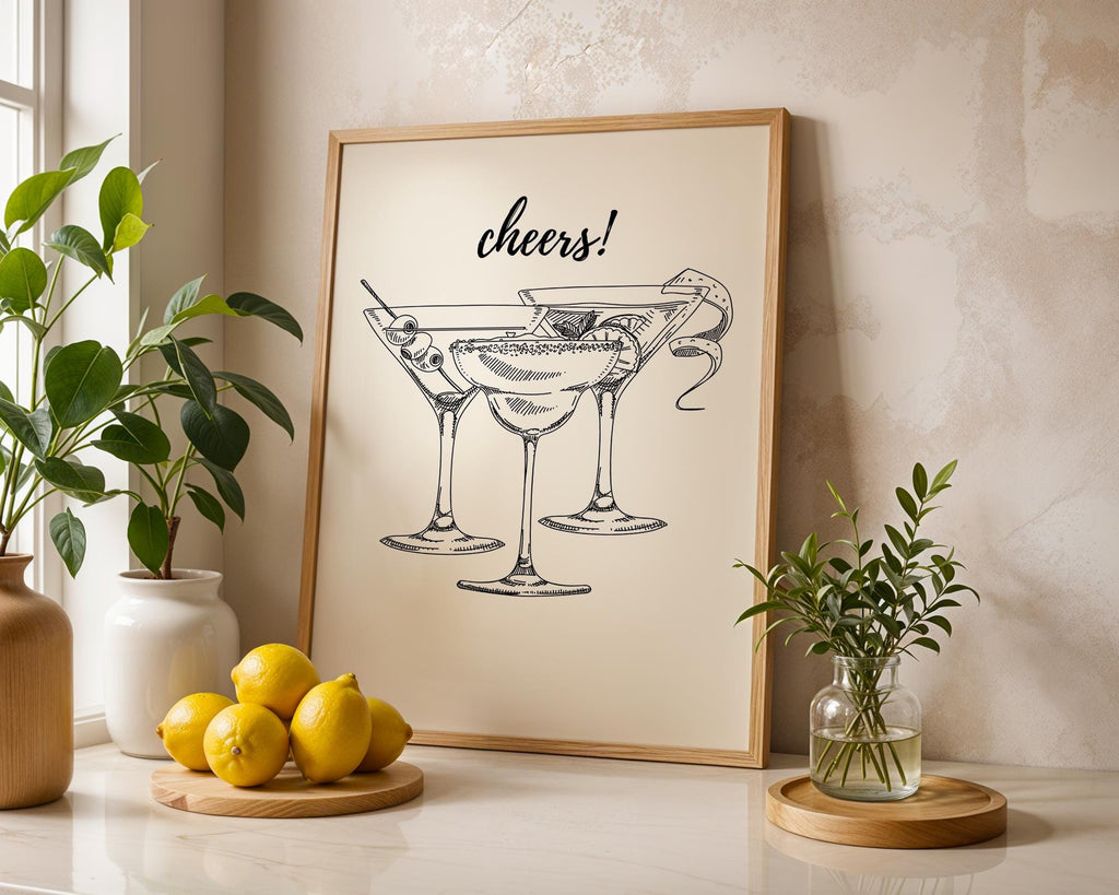 Cheers Print Black Bar Cart Print, Trendy Wall Art, Black Aesthetic, Retro Kitchen Poster, Drink Print, Black Cocktail Wall Art, DIGITAL