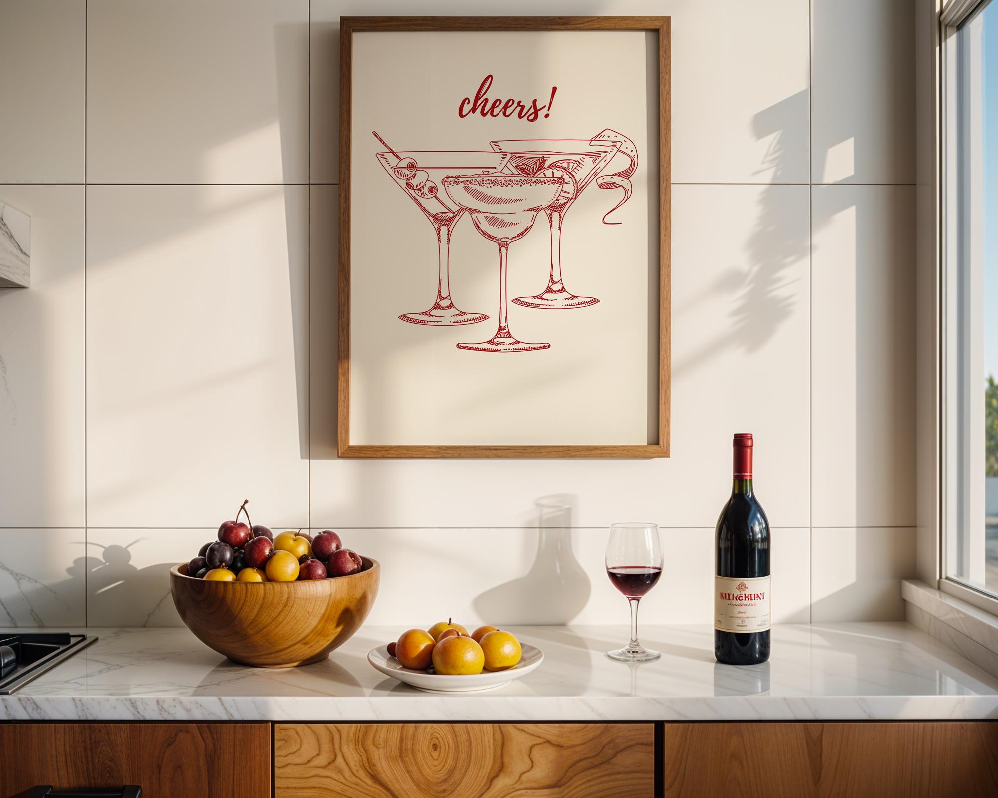 Cheers Print Red, Bar Cart Poster, Trendy Wall Art, Retro Kitchen Poster, Red Aesthetic Decor Cocktail Wall Preppy Drink Print DIGITAL PRINT