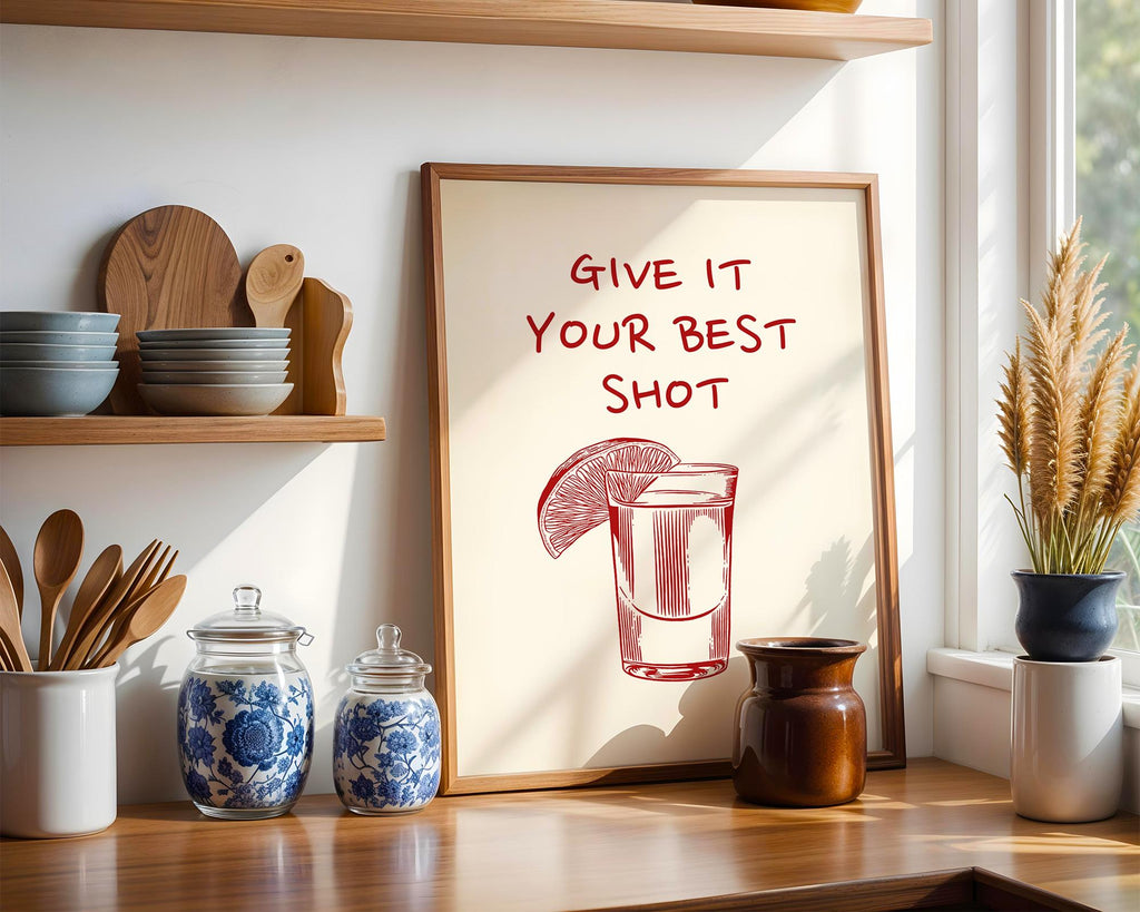Give It Your Best Shot Red Print Bar cart Print Liquor Poster Modern Bar Cart Wall Art Vodka Poster Red Tequila Print DIGITAL DOWNLOAD