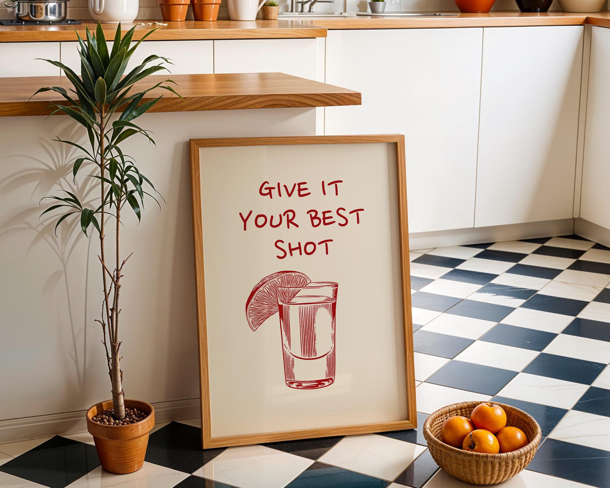 Give It Your Best Shot Red Print Bar cart Print Liquor Poster Modern Bar Cart Wall Art Vodka Poster Red Tequila Print DIGITAL DOWNLOAD