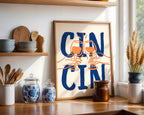 Cin Cin Print Trendy Printable Art, Wine Poster Blue & Orange Fun Wall Art, Aesthetic Room Decor Retro Wine Drawing, Bar Cart Print, DIGITAL