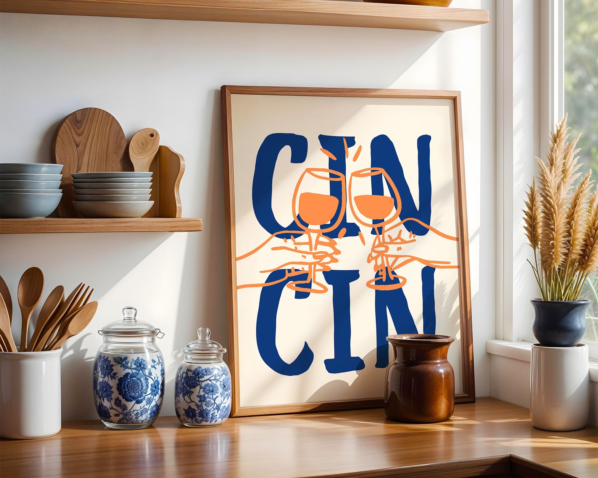 Cin Cin Print Trendy Printable Art, Wine Poster Blue & Orange Fun Wall Art, Aesthetic Room Decor Retro Wine Drawing, Bar Cart Print, DIGITAL