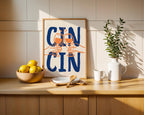 Cin Cin Print Trendy Printable Art, Wine Poster Blue & Orange Fun Wall Art, Aesthetic Room Decor Retro Wine Drawing, Bar Cart Print, DIGITAL