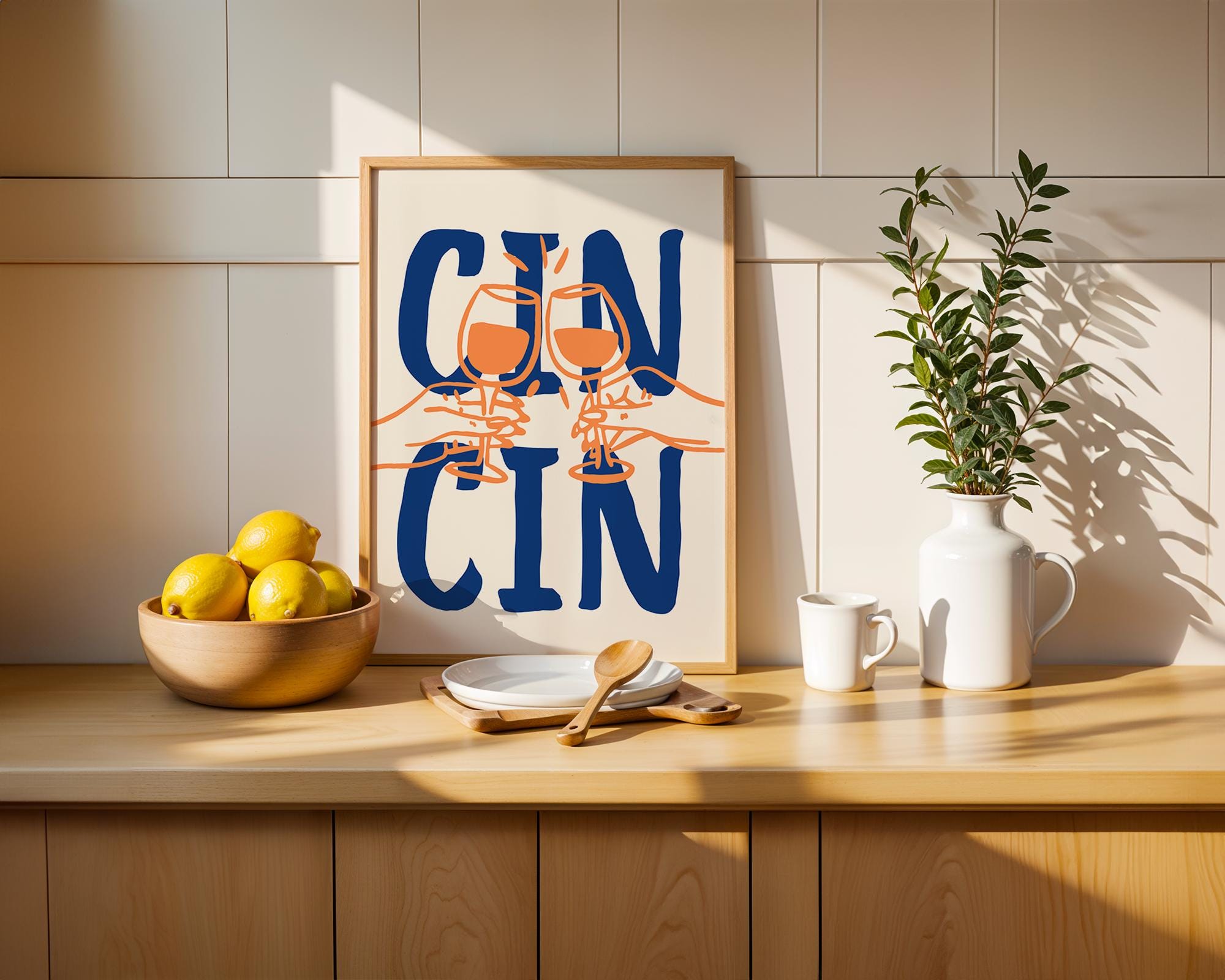Cin Cin Print Trendy Printable Art, Wine Poster Blue & Orange Fun Wall Art, Aesthetic Room Decor Retro Wine Drawing, Bar Cart Print, DIGITAL