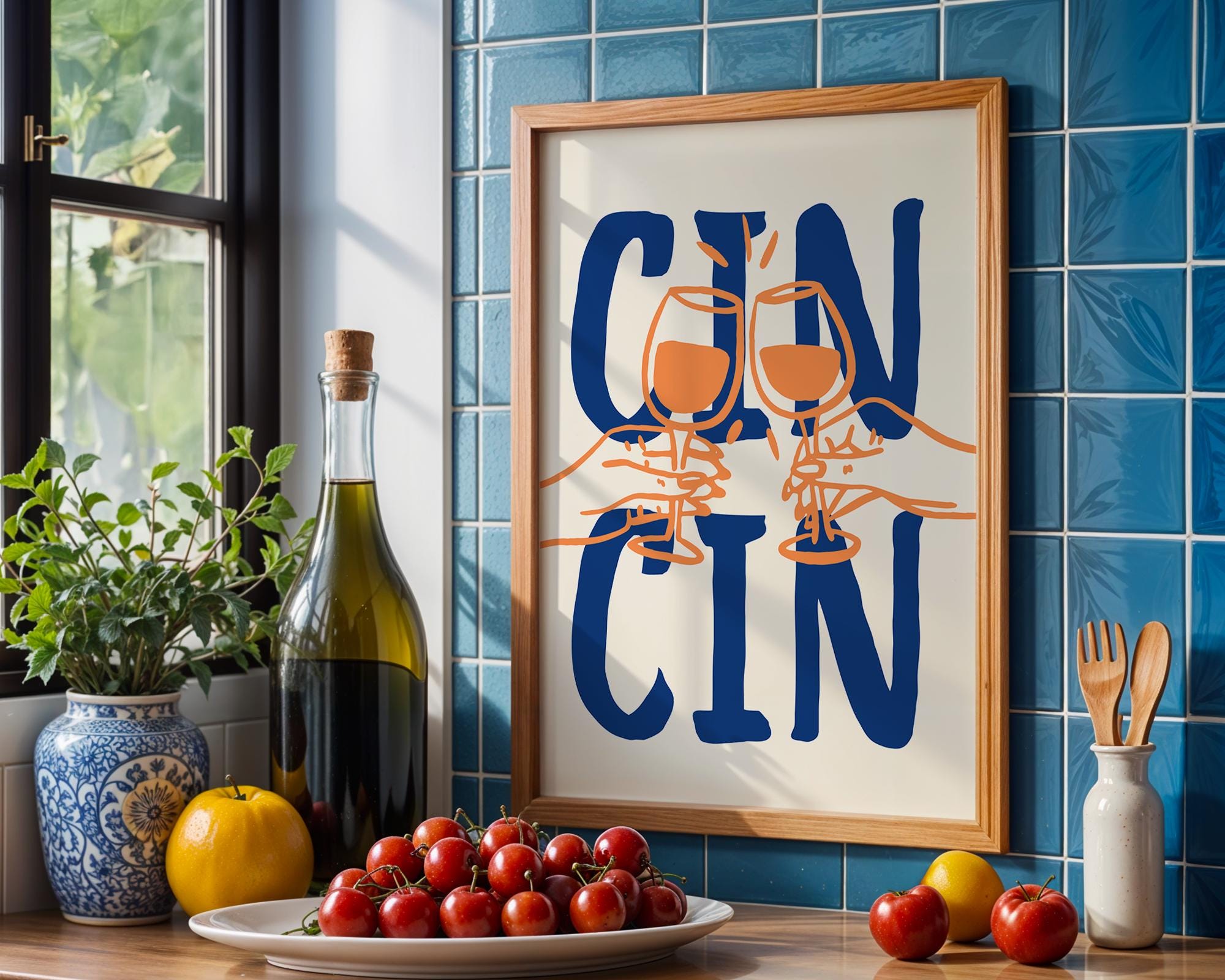 Cin Cin Print Trendy Printable Art, Wine Poster Blue & Orange Fun Wall Art, Aesthetic Room Decor Retro Wine Drawing, Bar Cart Print, DIGITAL
