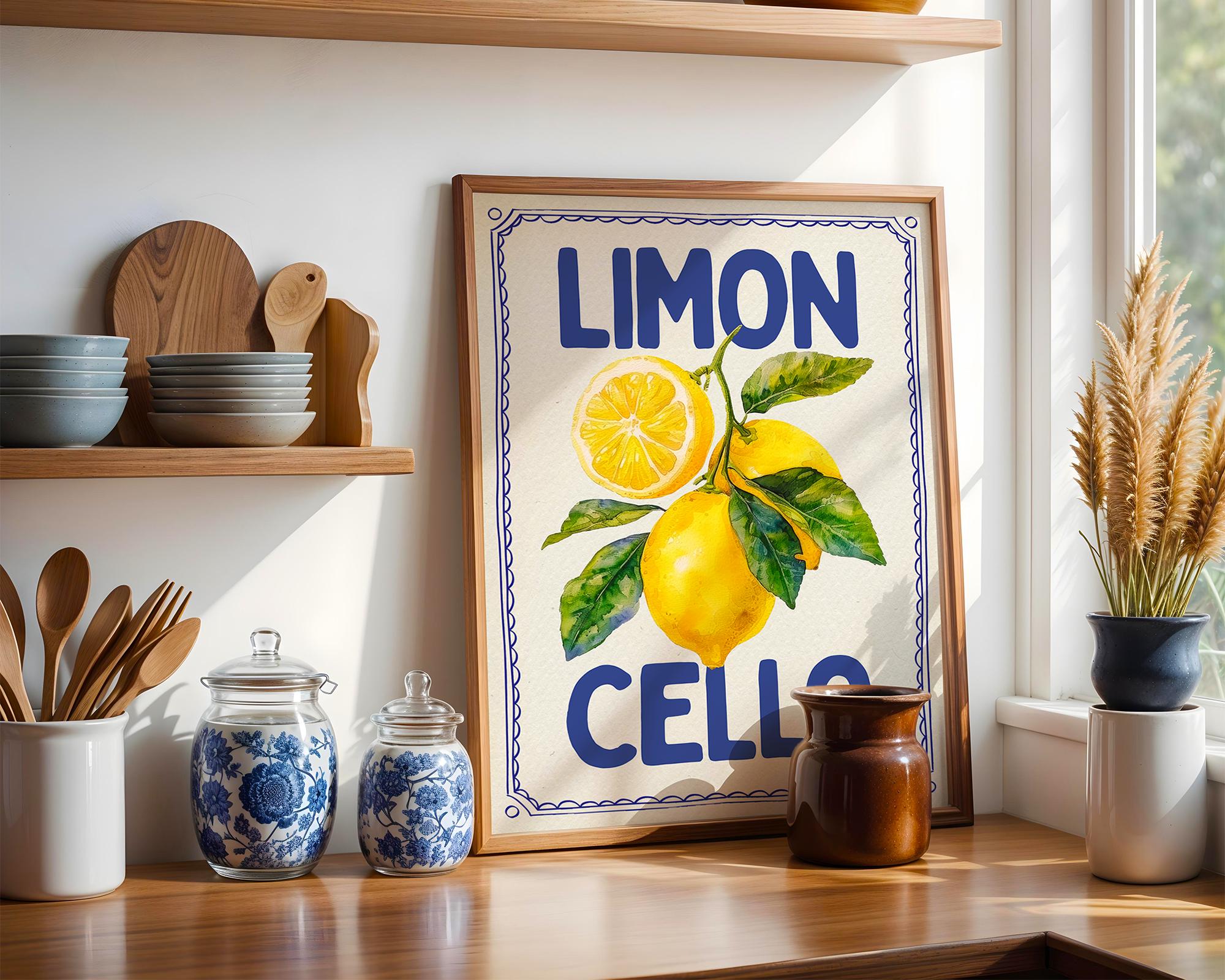 Limoncello Lemon Wall Art, Italian Kitchen Decor, Summer Fruit Poster, Retro Mediterranean Print, Bar Cart Wall Art, DIGITAL DOWNLOAD