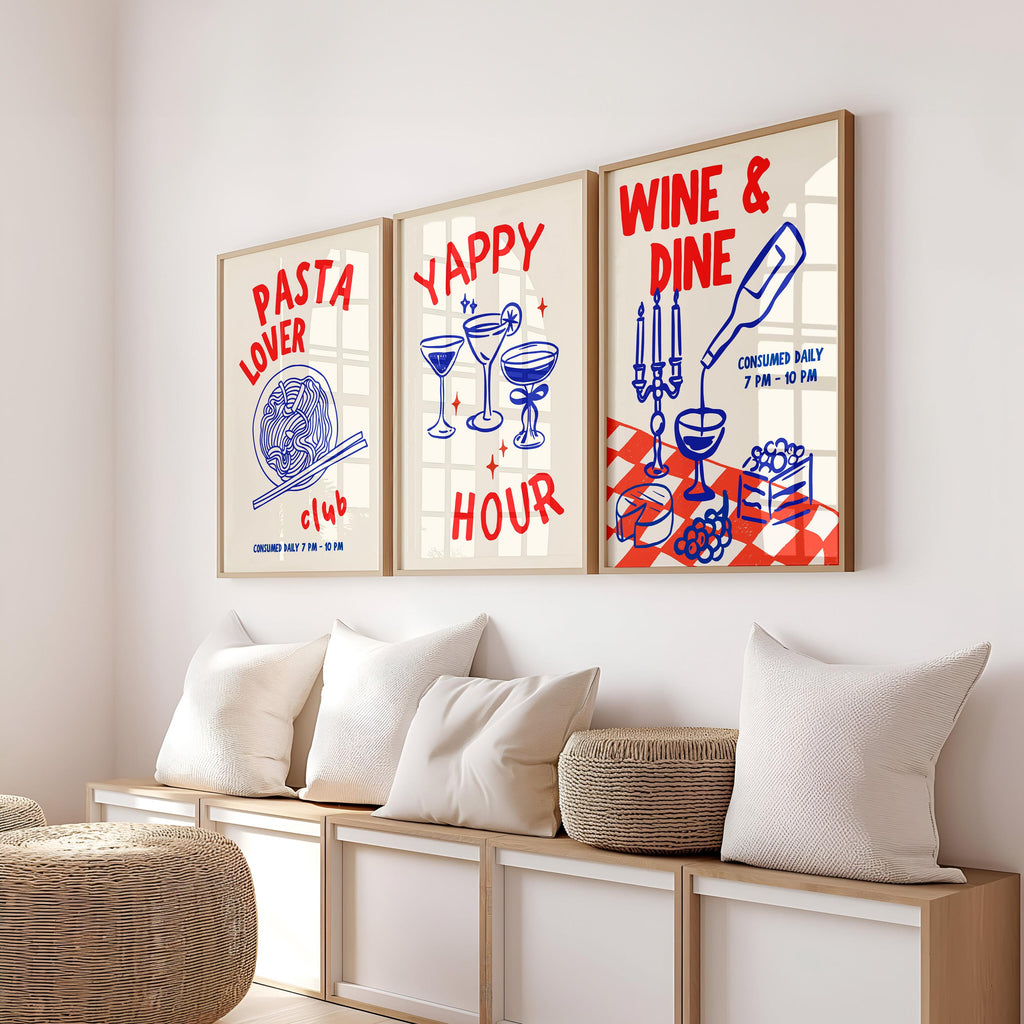 Kitchen Print Set, Food Wall Art Set of 3, Retro Happy Hour Digital Prints, Pasta Club Gallery Wall Set, Wine & Dine Trendy Wall Art