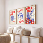 Kitchen Print Set, Food Wall Art Set of 3, Retro Happy Hour Digital Prints, Pasta Club Gallery Wall Set, Wine & Dine Trendy Wall Art