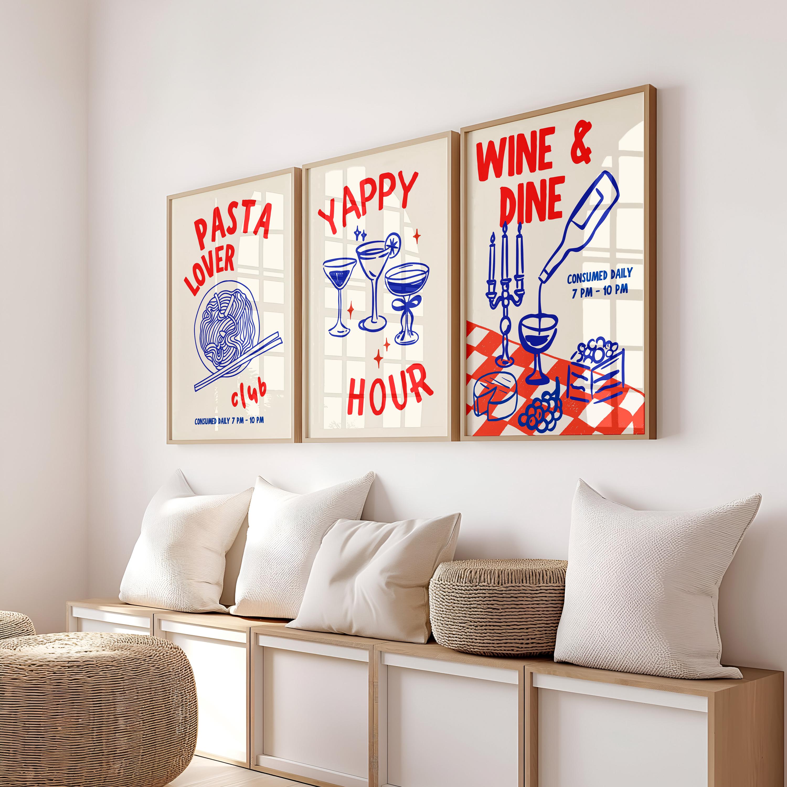 Kitchen Print Set, Food Wall Art Set of 3, Retro Happy Hour Digital Prints, Pasta Club Gallery Wall Set, Wine & Dine Trendy Wall Art