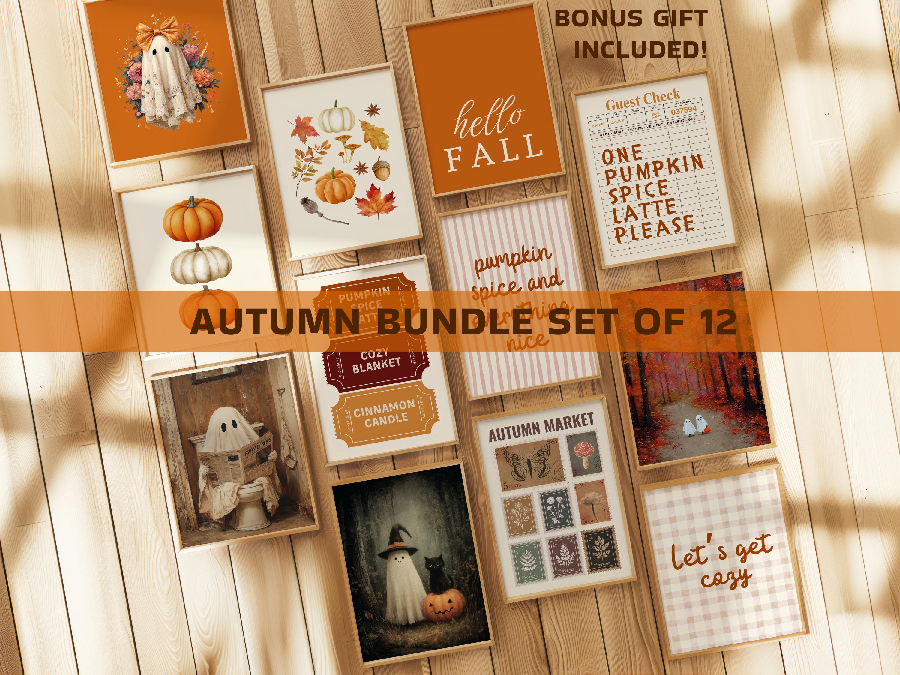 Autumn Wall Art Bundle Set of 12, Fall Prints, Pumpkin Spice Latte Decor, Cozy Ghost Halloween Posters, Autumn Market DIGITAL DOWNLOAD