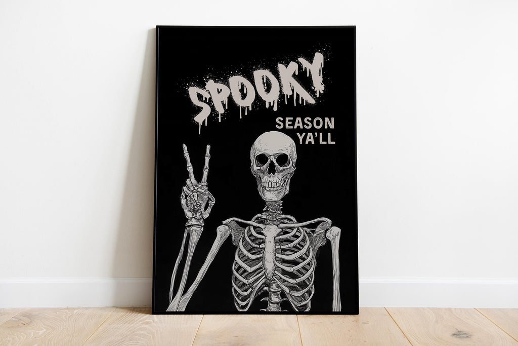 Spooky Season Wall Art, Halloween Skeleton Print, Gothic Skull Poster, Creepy Horror Wall Decor, Dark Aesthetic Printable Digital Download