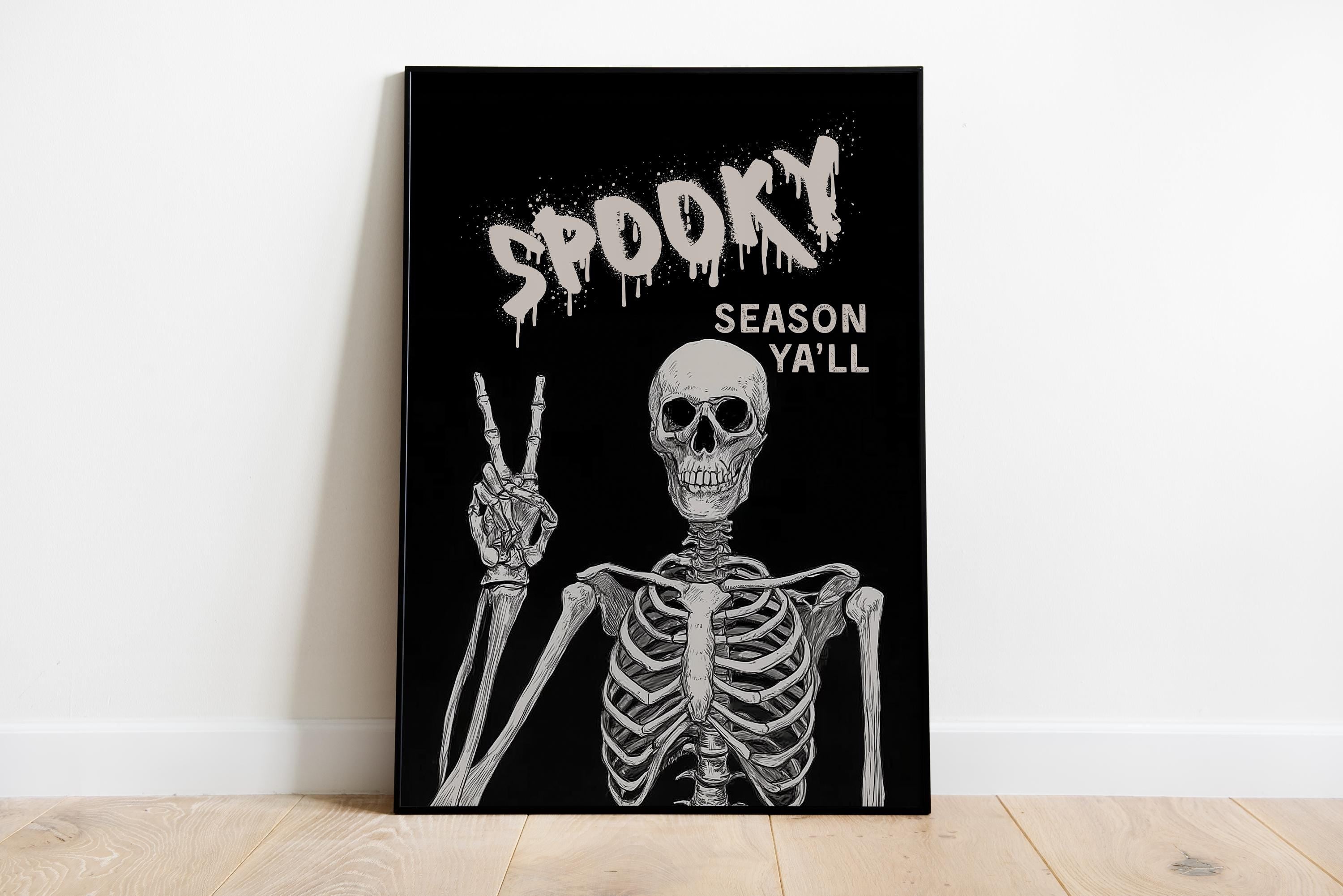 Spooky Season Wall Art, Halloween Skeleton Print, Gothic Skull Poster, Creepy Horror Wall Decor, Dark Aesthetic Printable Digital Download